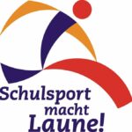 Das Logo zu "Sportfreundliche Schule". Es sind geometrische Formen zu sehen, welche ein rennendes Männchen ergeben. Darunter steht "Schulsport macht Laune!".